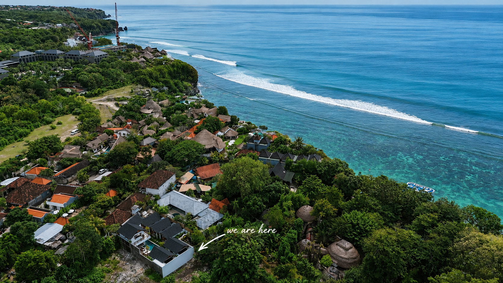 Aerial view of Bingin Beach with Suara Ombak villa marked