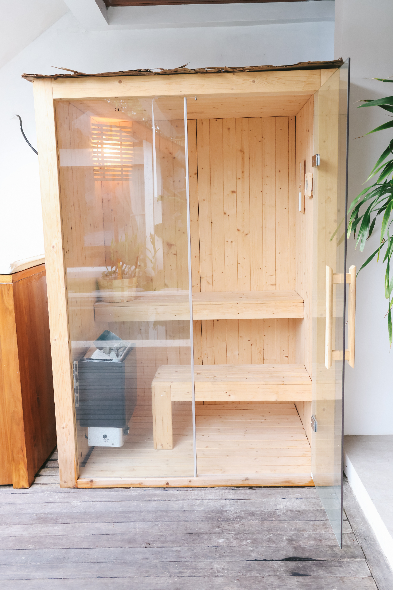 Sauna exterior with glass door